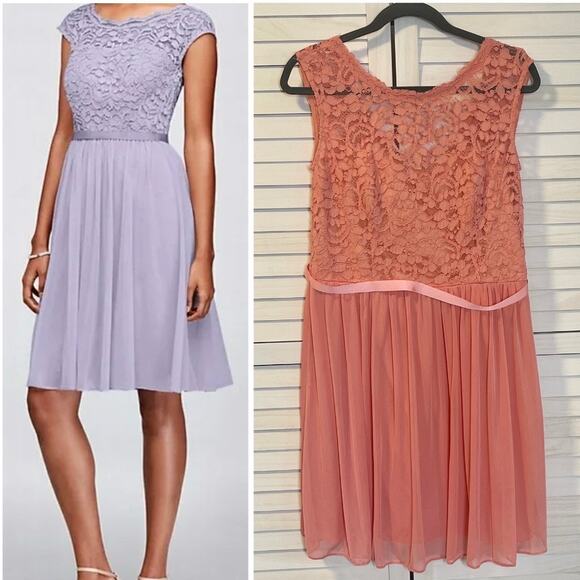 Davids Bridal Short Chiffon Dress Lace Top Parfait Pink Size 14 - Picture 1 of 8